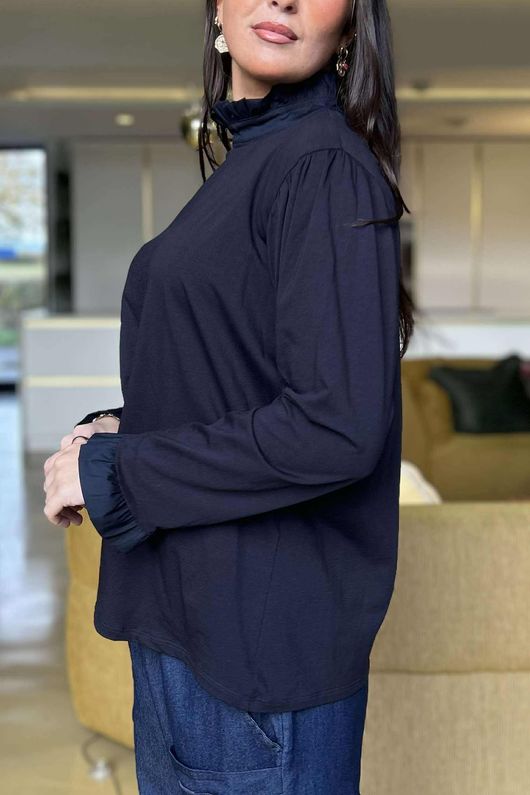 Essential Body Stretch Cotton Ruffle Neck Layering Top Navy - 